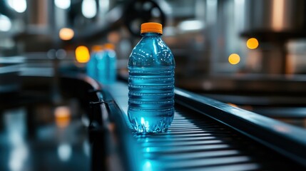 A close-up of a water bottle on a conveyor belt in a manufacturing setting, showcasing the efficiency of modern production in the beverage industry.
