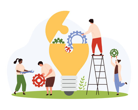 Teamwork to develop good creative idea, implement project, entrepreneurship vector illustration. Cartoon tiny people put gear in open light bulb, digital solution and breakthrough of characters team