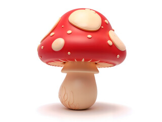 Glossy red cartoon mushroom with white dots, isolated on white, ideal for games or nature themes. Generative AI