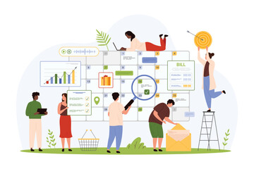 Planning tasks and projects in digital calendar. Tiny people holding magnifying glass and target, to do list and email to plan management and organization of work time cartoon vector illustration