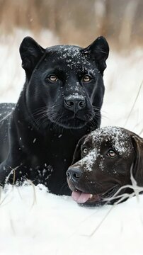 black panther and chocolate labrador resting in snow with black panther and chocolate labrador winter moment and black panther and chocolate labrador animal friendship, black panther,chocolate labrado