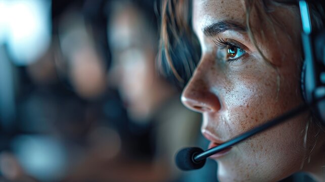 A close-up of a young woman wearing a headset, deeply focused on her gaming, reflecting the intensity and passion of the gaming world. - Powered by Adobe