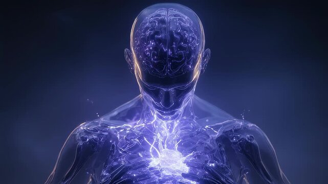 Luminous purple and orange energy currents pulsing through transparent human anatomy, connecting heart and brain while symbolizing inner peace, wisdom, and holistic wellness
