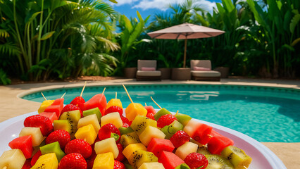 tropical fruit skewers, poolside refreshment, summer vibes, relaxing outdoor