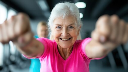 An elderly woman enthusiastically works out in a gym, showcasing her vibrant spirit and joy, inspiring all to embrace fitness at any age and highlighting the essence of wellness.