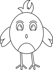 A cute and expressive baby chick standing with a surprised face in a minimalist black and white line art style. This cartoon character is ideal for kids’ coloring books, educational worksheets.