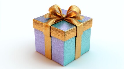 Obraz premium Gift box with gold ribbon. A pastel-colored square gift box, intricately detailed with gold ribbon