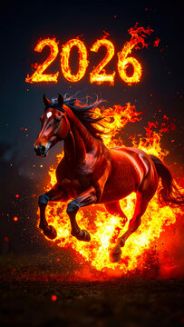 Dynamic image of Red Fire Horse, symbol of the year 2026 according to the oriental calendar. AI, Illustration, Generation, Generated image.