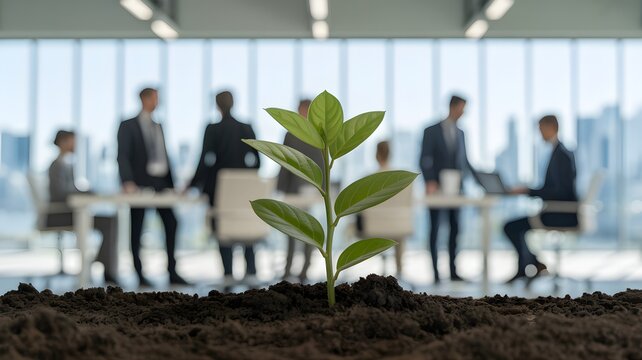 A plant symbolizes growth in a business meeting on green projects.