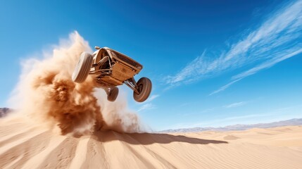 An exhilarating shot capturing an off-road vehicle soaring through the air, kicking up dust in a vast desert, showcasing adventure and the thrill of exploration.