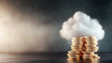A surreal image depicting stacks of gold coins with a soft cloud resting above them, symbolizing wealth, dreams, and aspirations in a modern economic landscape.