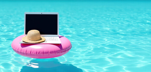 Laptop with straw hat on inflatable lap floating in clear pool water with glare of sunlight. Concept of vacation, office weekend, do not disturb, always on call, space for text