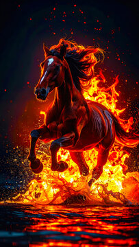 Dynamic image of Red Fire Horse, symbol of the year 2026 according to the oriental calendar. AI, Illustration, Generation, Generated image.