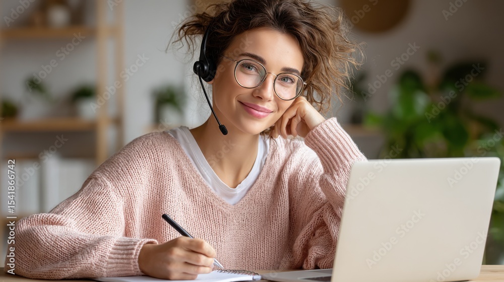 Poster smiling woman working from home with laptop and headset, showcasing productivity and remote learning