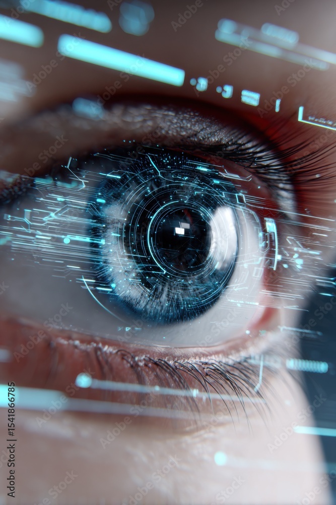 Poster close-up of human eye with digital overlay, representing biometrics and technological innovation in 