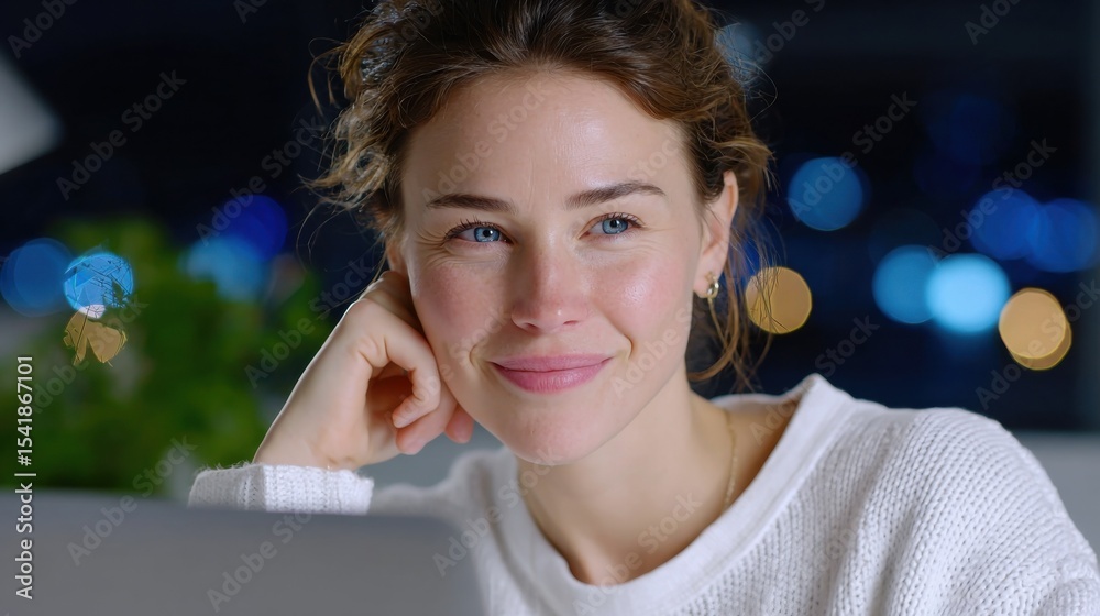 Poster woman smiling while working on laptop at night, representing remote work and digital nomad lifestyle