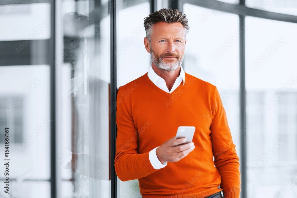 Aufkleber mature businessman using smartphone in modern office, representing leadership and digital transforma