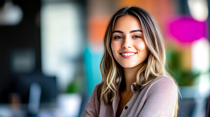 Obraz premium A smiling young woman poses confidently in a modern workspace, showcasing a blend of professionalism and approachability in her expression.