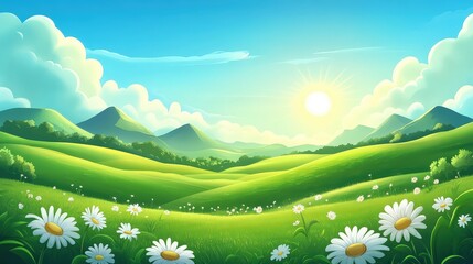 A bright, sunny landscape featuring rolling green hills, white daisies, and distant mountains under a blue sky with fluffy clouds.