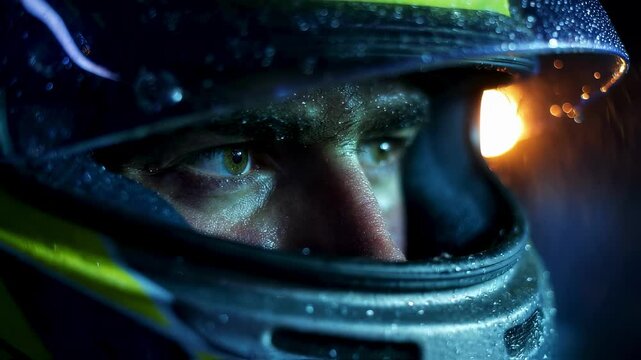 Determined professional racer wearing protective helmet with raindrops standing under warm illumination, focusing intently before high stakes night racing competition