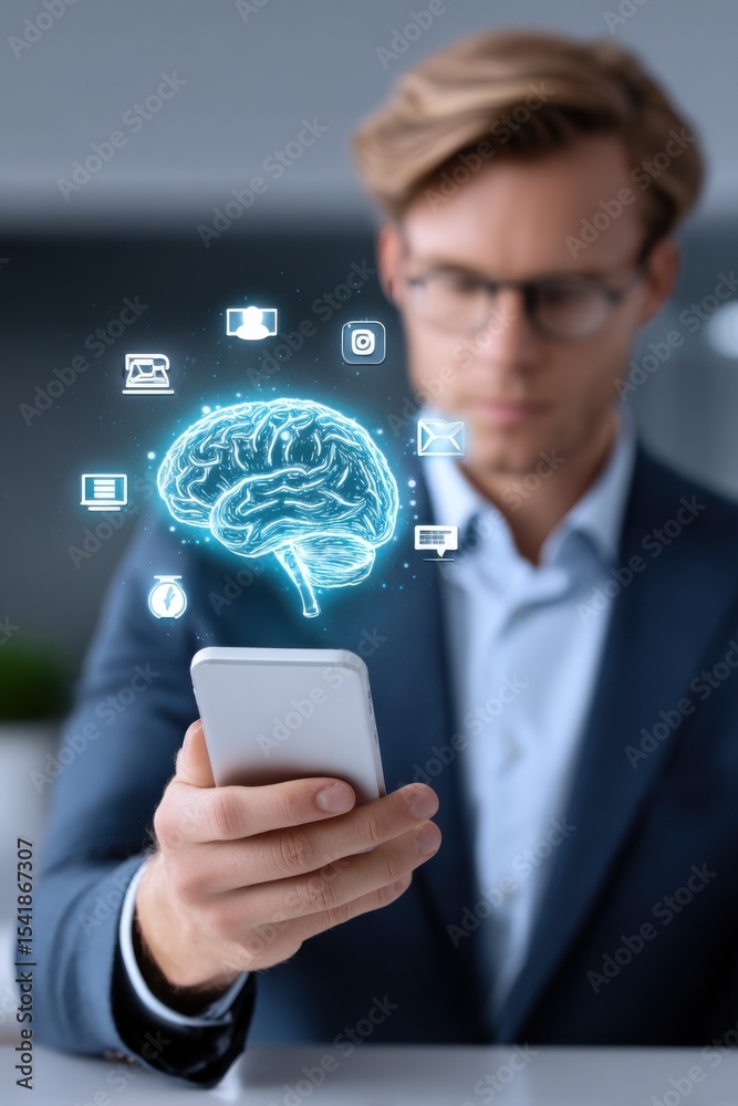 Aufkleber Man Using Smartphone With Glowing Brain Hologram Overlay, Symbolizing Artificial Intelligence and Innovation in Modern Technology : Generative AI