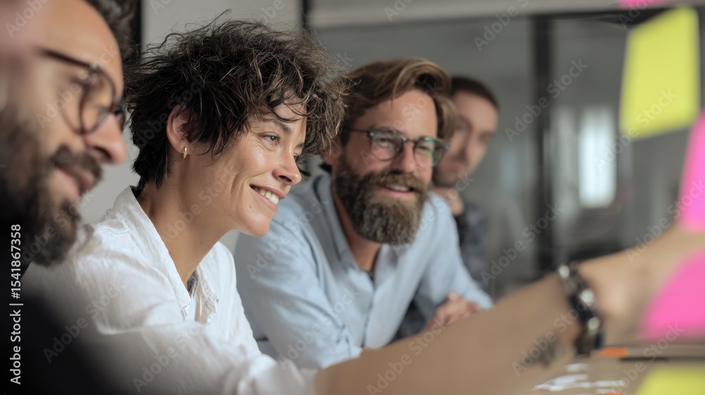 Aufkleber smiling coworkers brainstorming ideas on sticky notes during a meeting, representing teamwork and st
