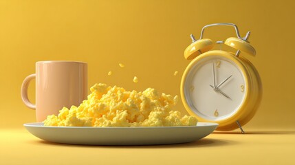 Scrambled eggs, breakfast, and a yellow alarm clock. A vibrant yellow breakfast scene with scrambled eggs spilling from a plate, a coffee mug and an alarm clock in the foreground