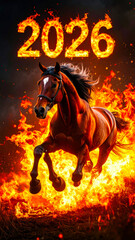 Dynamic image of Red Fire Horse, symbol of the year 2026 according to the oriental calendar. AI, Illustration, Generation, Generated image.