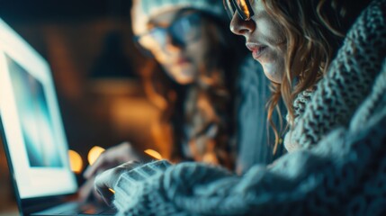 In a warm, dimly lit environment, two friends collaborate on a laptop, showcasing a moment of creativity and focus amidst a relaxed atmosphere filled with cozy vibes.