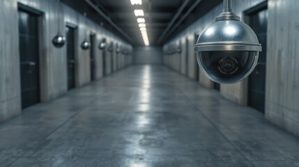 This modern hallway features a sleek surveillance camera, emphasizing security and vigilance within an industrial space that conveys a sense of observation and monitoring.