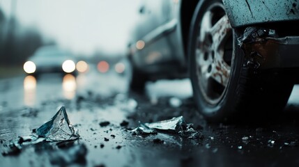 A close-up view of shards of broken glass lying on a wet road after a car accident, with blurred headlights in the background adding to the dramatic scene.