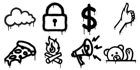 collection of unique graffiti style icons including a cloud, padlock, dollar sign, hand gesture, pizza slice, campfire, megaphone, and teddy bear.