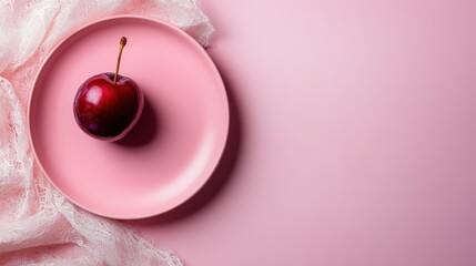 A solitary deep red plum resting on a soft pink plate, surrounded by a delicate lace trim, evoking feelings of elegance, simplicity, and artistic beauty.