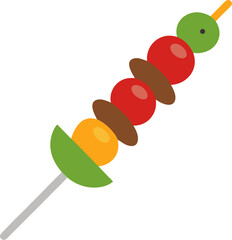 A skewer with skewered lamb and veggies, ready to serve with white background.
