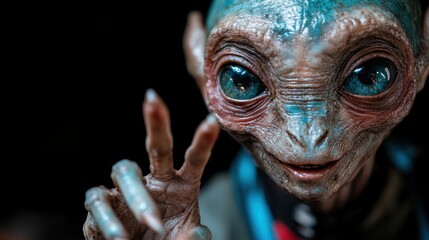 A whimsical, hand-crafted alien figurine with large expressive eyes and a friendly demeanor, showcasing a sense of playfulness and the imaginative possibilities of otherworldly beings.