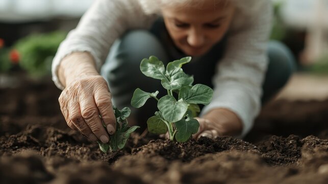 A dedicated gardener carefully planting seedlings in rich, dark soil, embodying the nurturing spirit of nature and the joy of growing one’s own plants and vegetables.