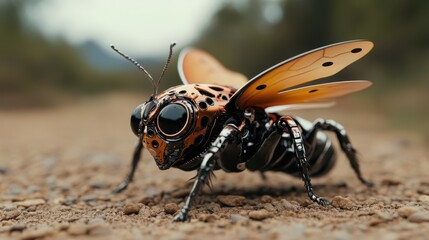 This artistic insect model showcases a blend of technology and nature, featuring a unique design reminiscent of a bee with intricate mechanical details and vibrant colors.