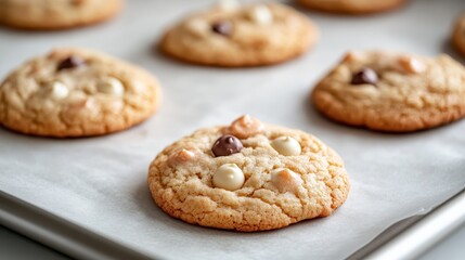Indulge in the sight of freshly baked cookies, showcasing a variety of chocolate chips, symbolizing comfort and happiness in every bite, perfect for a delightful treat.