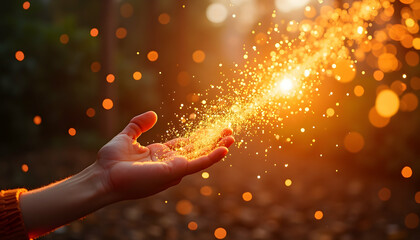 Hand Reaching Out with Flowing Golden Light and Sparkles