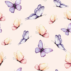 Seamless pattern with beautiful colorful butterflies. Watercolor hand drawn insect clipart isolated on background. Botanical and wedding illustration. Baby shower design elements. Party invitation