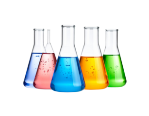 Four Erlenmeyer Flasks Filled with Vibrant Colored Liquids Bubbles Visible.