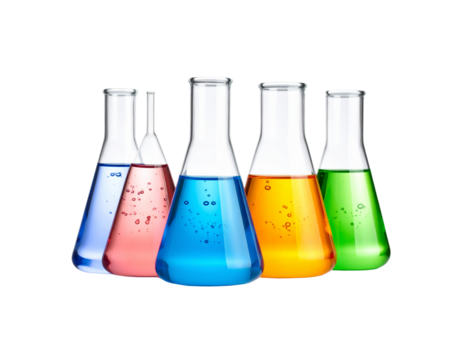 Four Erlenmeyer Flasks Filled with Vibrant Colored Liquids Bubbles Visible.