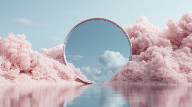 A surreal landscape featuring a circular mirror reflecting blue sky and clouds, surrounded by fluffy pink clouds that create a whimsical, dreamlike atmosphere. - Powered by Adobe
