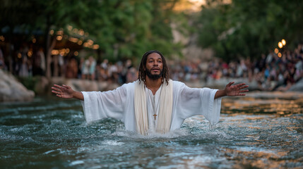 Baptism ceremony in a river with a gathered crowd