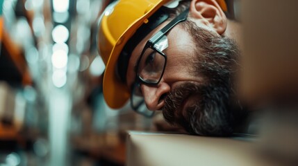 A close-up of a focused bearded man in a hard hat and glasses, intently analyzing the boxes in a busy warehouse, reflecting dedication and hard work in a dynamic work environment.