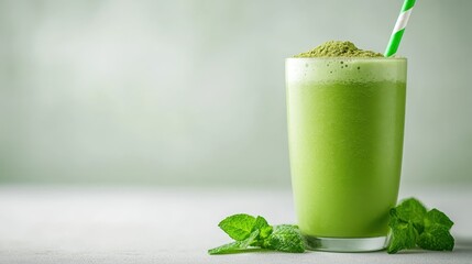 A vibrant green smoothie garnished with fresh mint leaves and a striped straw, offering a refreshing and healthy vibe perfect for wellness enthusiasts in a modern setup.