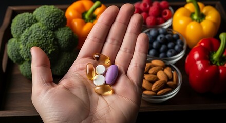 Woman holding vitamin pills over natural food. Concept of choosing between supplements and healthy diet. Supplement for nutrition