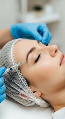 Woman getting a cosmetic injection in her eyebrow area. Beauty procedure at clinic. Skincare and anti-aging concept