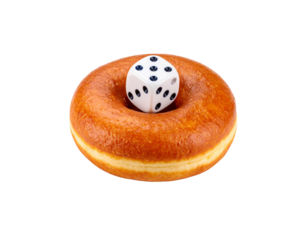 Glazed Donut Topped with a White SixSided Die Showing a Five.