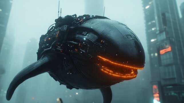 A stunning cybernetic whale soaring through a misty urban landscape, combining elements of nature and technology in a dreamy, surreal composition that challenges perceptions of reality.